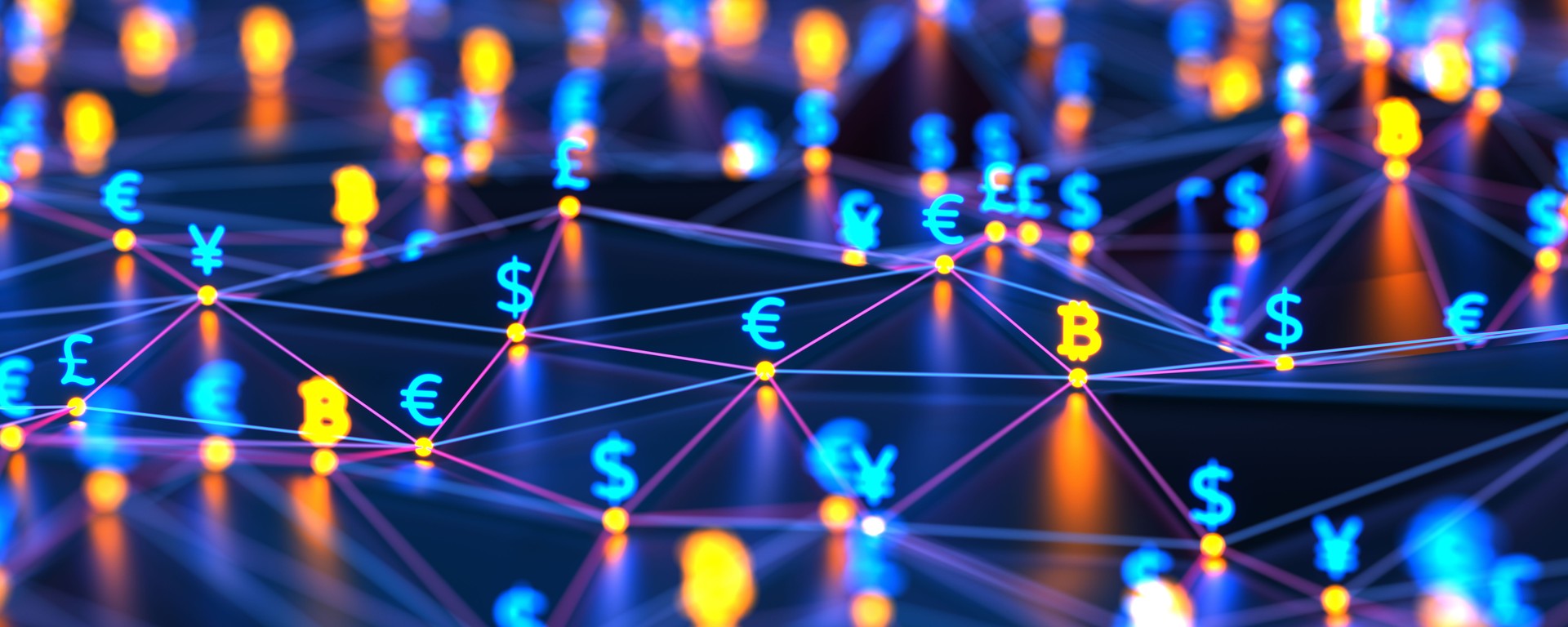 Futuristic digital nodes background with money signs. Blockchain connections technology and digital network. Bitcoin, dollar, euro, pound and yen signs glowing on the connection dots background. Security money concept.